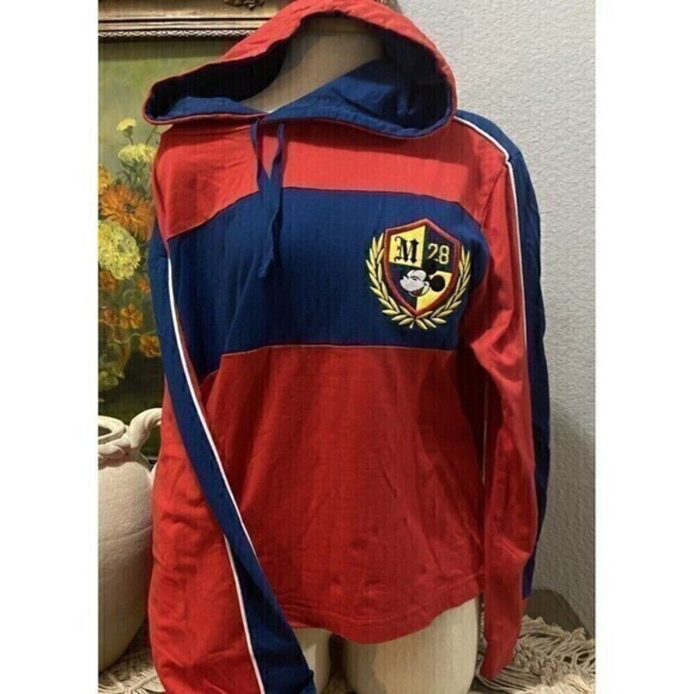 Vintage Disney Mickey Mouse Drawstring Hoodie Womens XL Red Blue Striped Patch